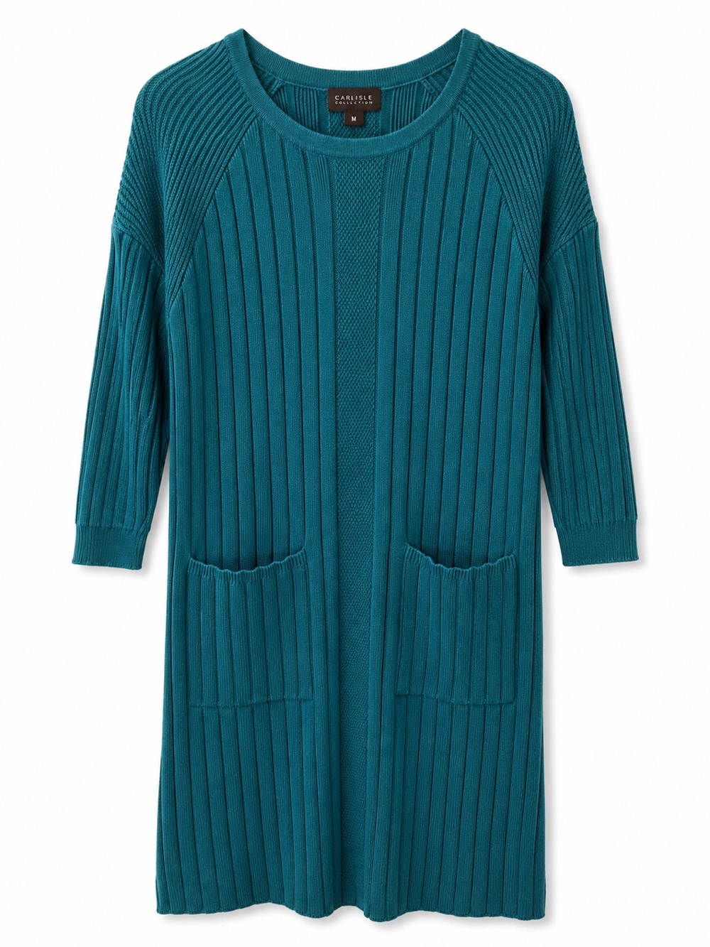 Carlisle Collection Teal Cotton Silk Ribbed Sweater Dress Tunic M Pockets